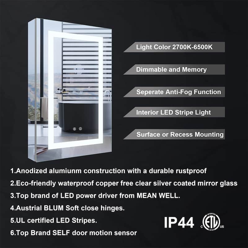 30" H Recessed or Surface LED Mirror Cabinet with Adjustable Glass Shelves,Defogger, Dimmer And Outlets & USB Ports