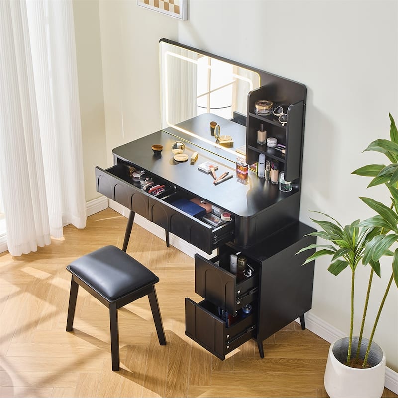 Makeup Vanity Desk w/LED Lights,4 Drawer Dressing Table Set with Stool