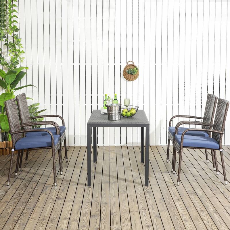 4-Piece Stackable PE Wicker Dining Chair Set, Outdoor Rattan Chairs with Cushions, Armrests & Backrest for Patio, Balcony