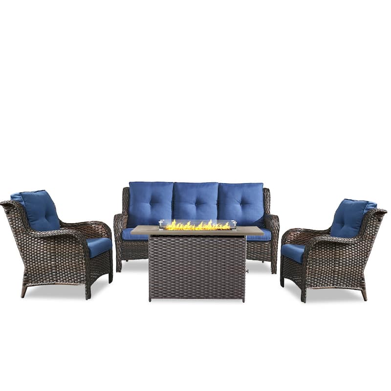 Fire Pit Table with Patio Sofa Club Chairs Brown-Blue - Brown