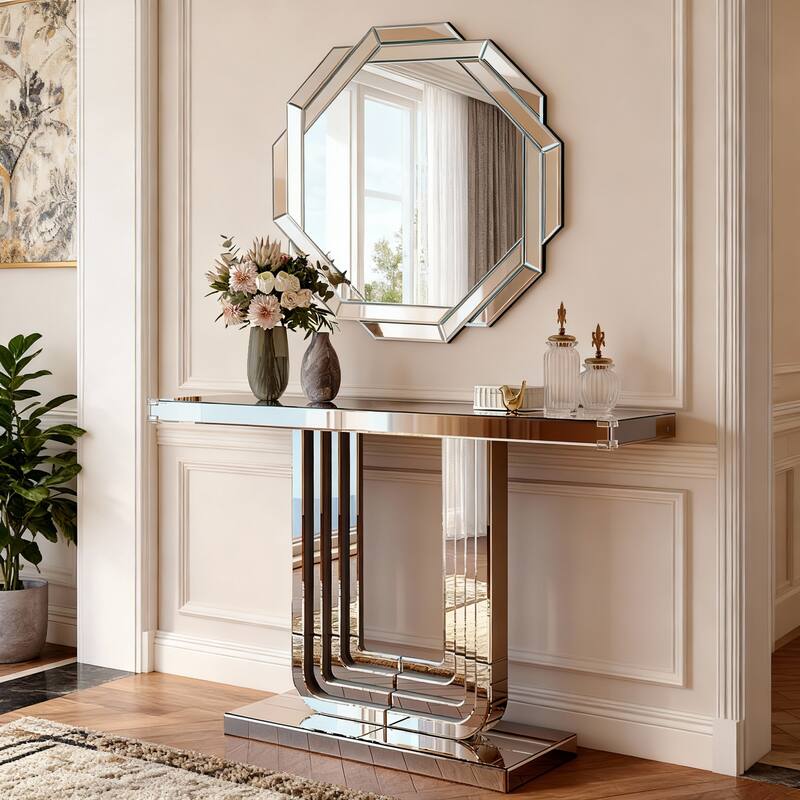 Roomfitters 47" Mirrored Console Table, Silver Entryway Table with U-Shaped Base & Hand-Spliced Line Design