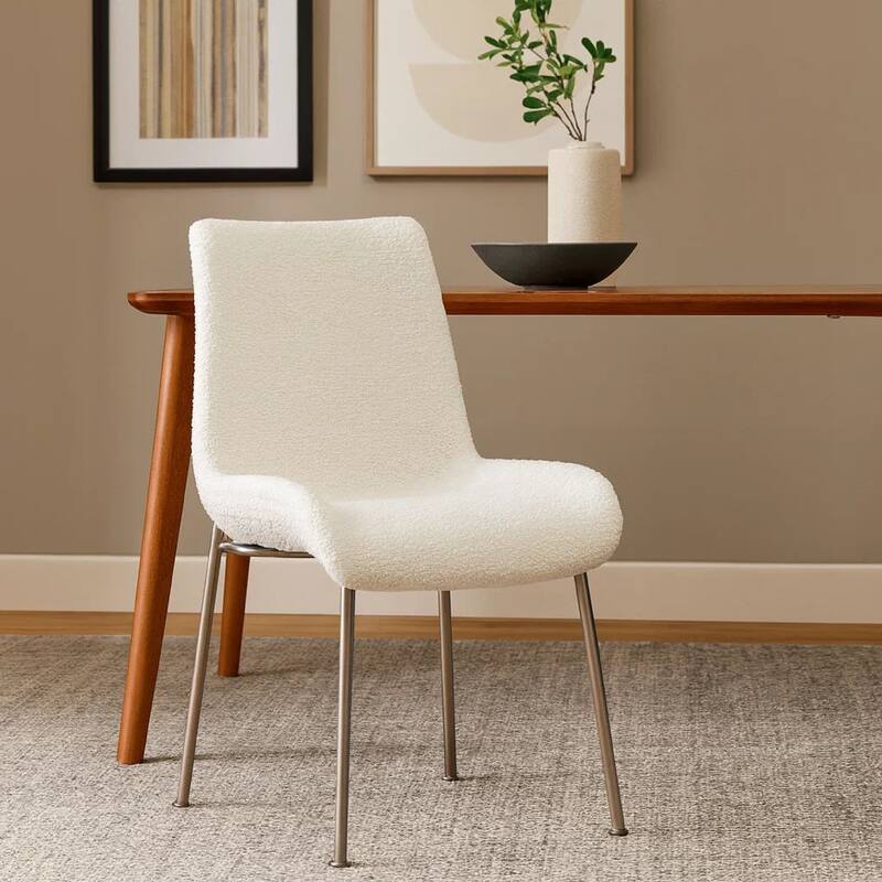 Zame 20 Inch Dining Chair, Soft Boucle Upholstery, Set of 2, Nickel Legs, White