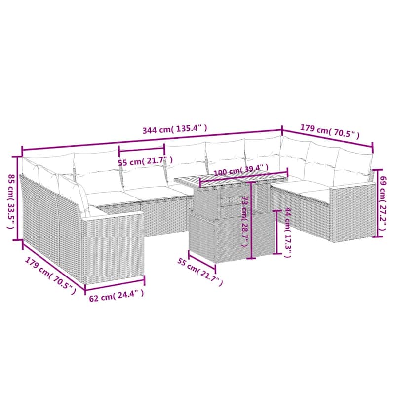 vidaXL Patio Sofa Set with Cushions Outdoor Furniture 11 Piece Poly Rattan - 24.4 x 24.4 x 27.2