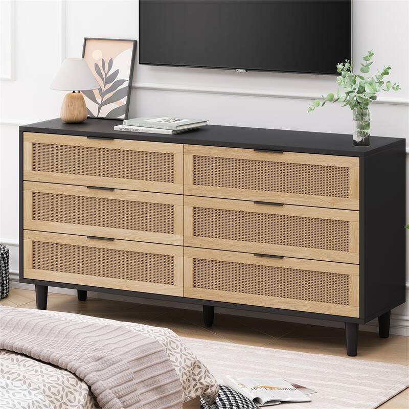 59" Rattan Storage Cabinet with 6 Drawers and Wood Legs - Black