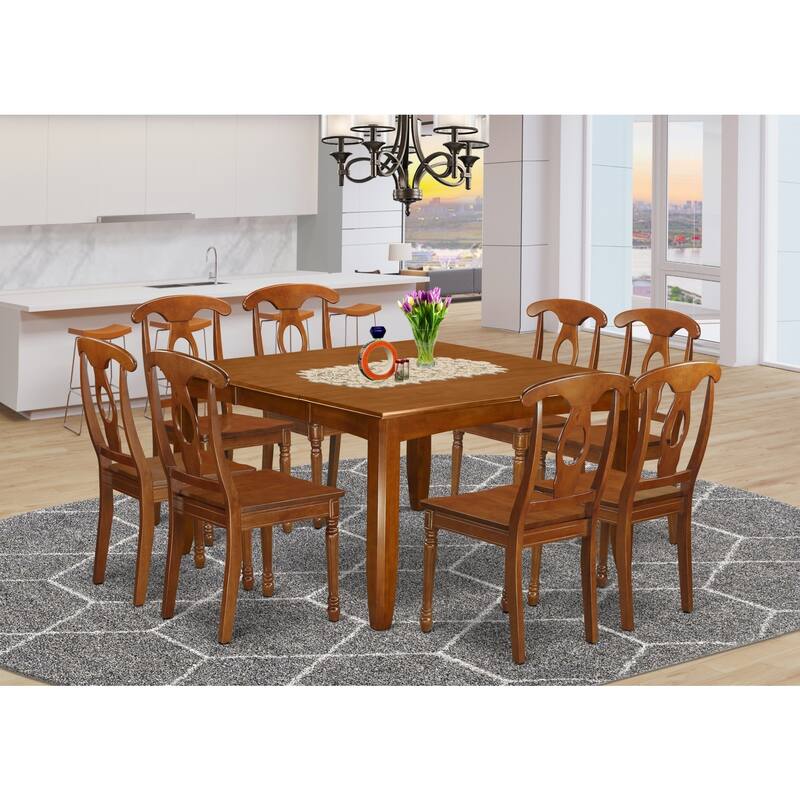 HomeStock 9-Piece Square Saddle Brown Finish Solid Wood Top Dining Table with 8-Chairs with Lattice Back
