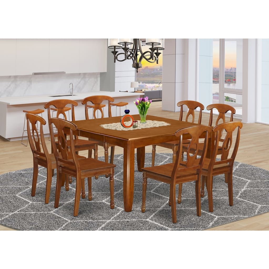 HomeStock 9-Piece Square Saddle Brown Finish Solid Wood Top Dining Table with 8-Chairs with Lattice Back