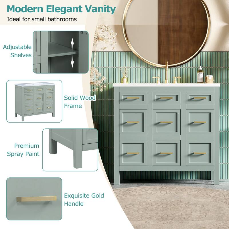 36" Bathroom Vanity Cabinet with Center Rectangular Resin Sink, 4 Drawers Bathroom Storage Cabinet w/ Adjustable Shelves, Green