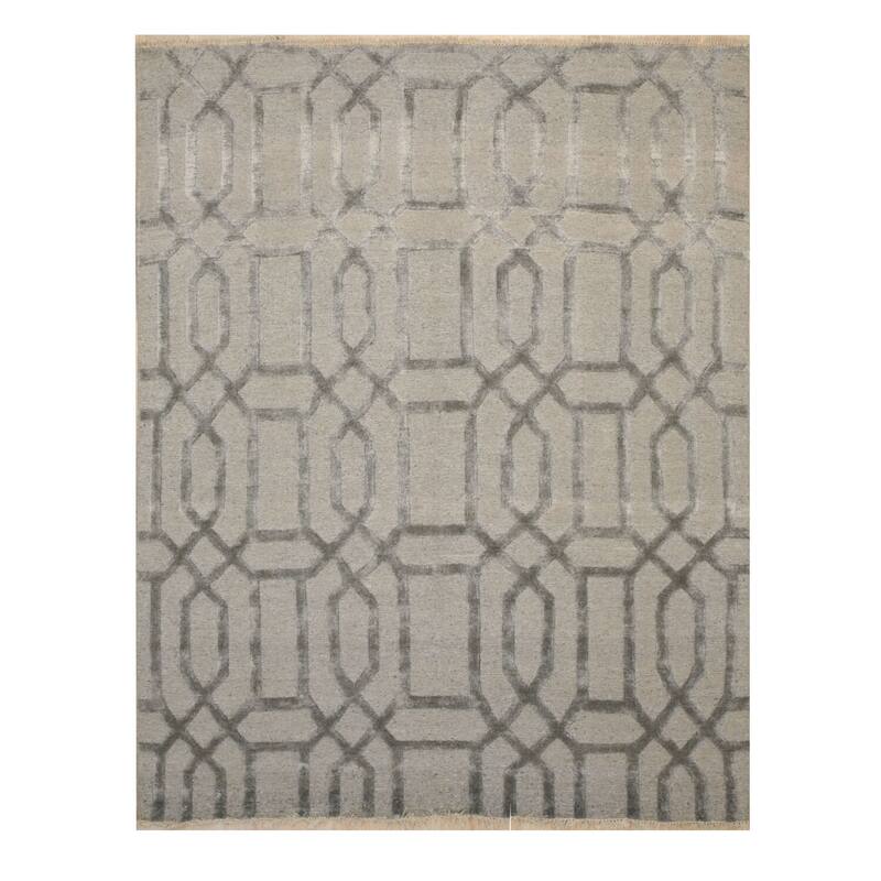 Gray Transitional Geometric Hand Knotted Wool & Viscose Rug, 9 x 12 - Elegant geometric rug with subtle shimmer. - N/A