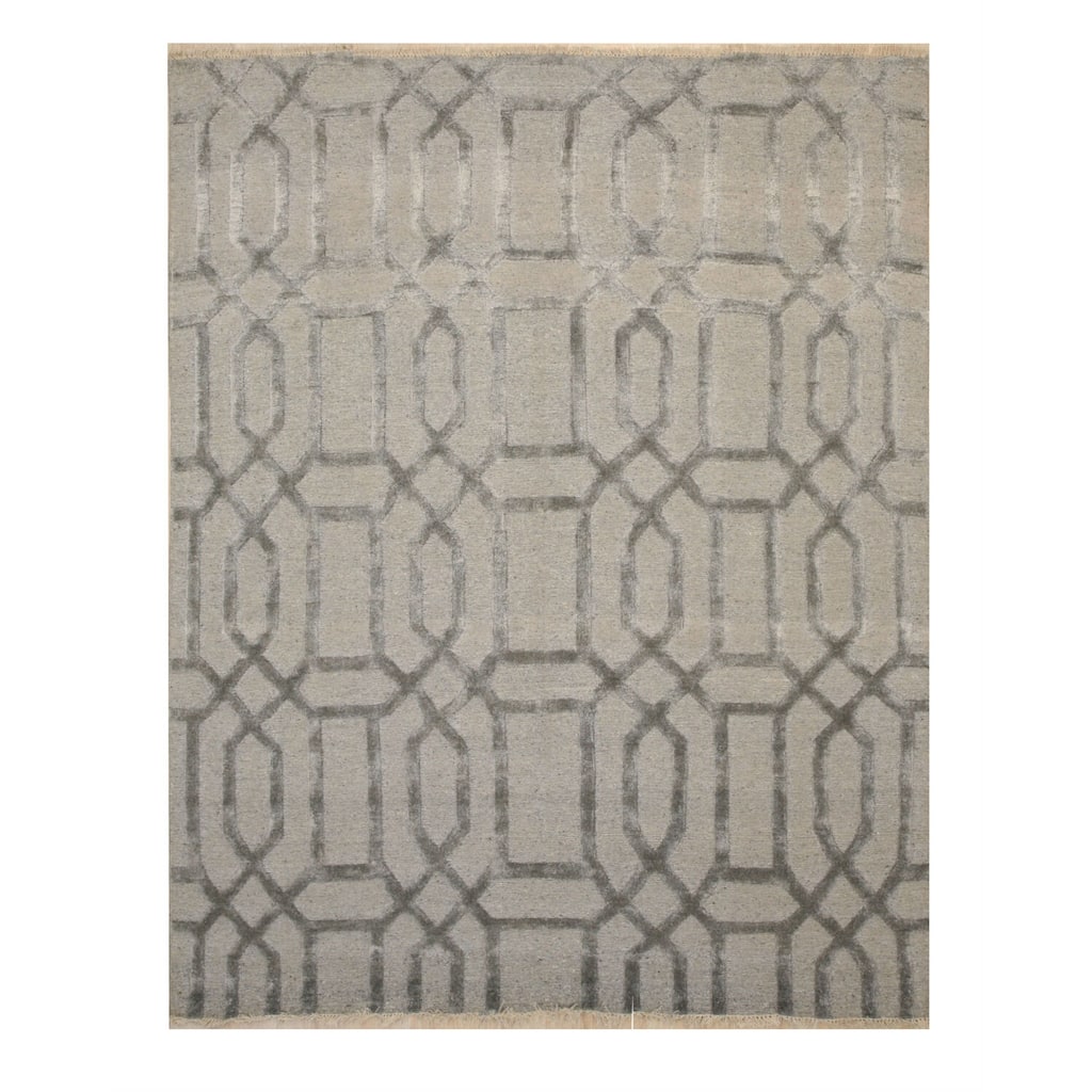 Gray Transitional Geometric Hand Knotted Wool & Viscose Rug, 9 x 12 - Elegant geometric rug with subtle shimmer. - N/A