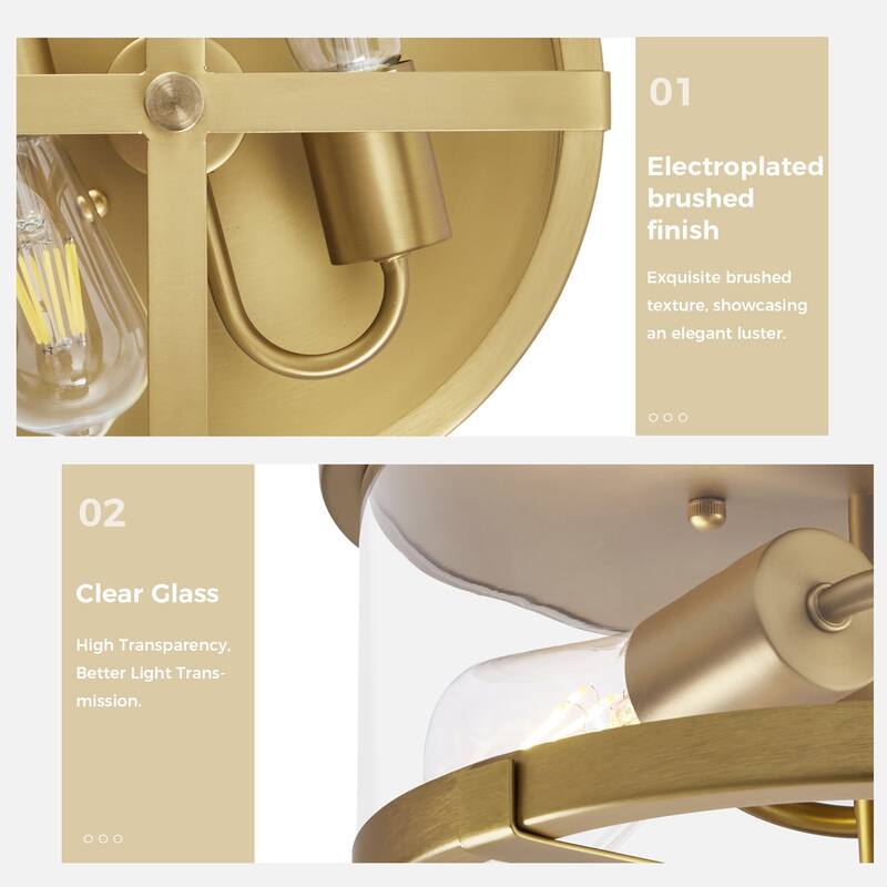 2-Light Flush Mount Clear Glass Ceiling Light with Metal Frame