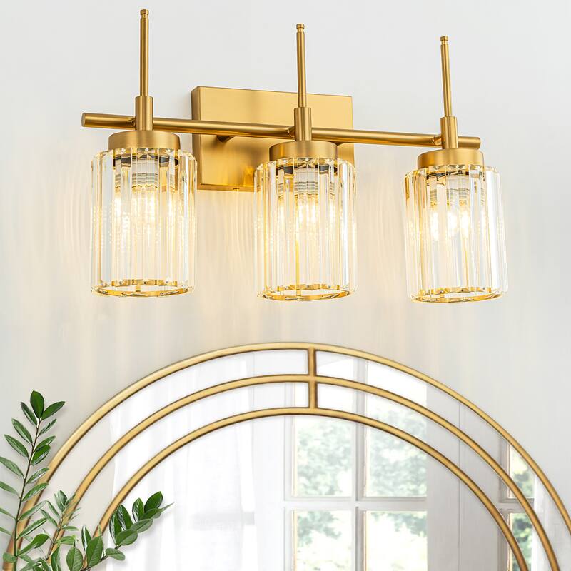 Modern Gold Dimmable Wall Light Glam Cylinder Bathroom Crystal Vanity Light Wall Sconces - Cylinder - 3-Light 19.7 in.W