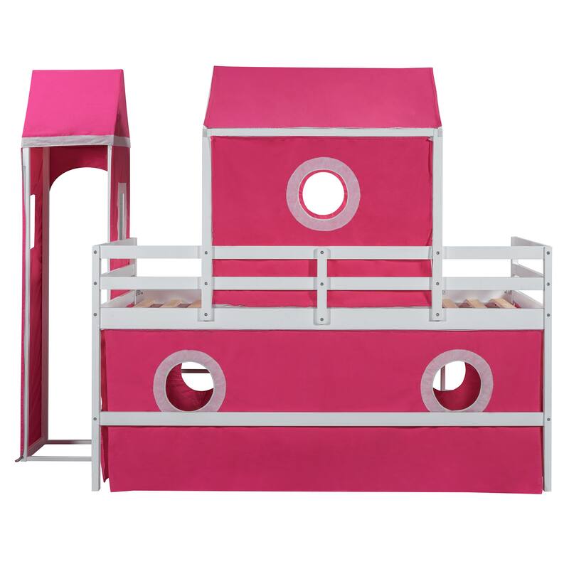 Roomfitters Twin Size Loft Bed with Slide, Pink Tent and Decorative Tower, Imaginative Play Space Frame, Pink