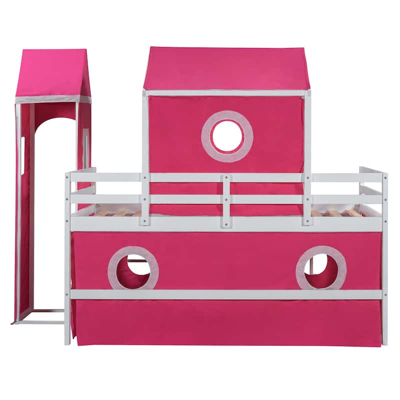 Twin Loft Bed with Slide, Pink Tent and Tower, Ideal for Kids' Bedroom