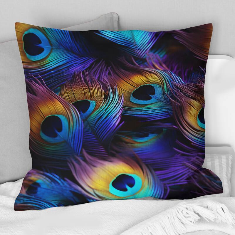 Designart "Blue And Pruple Vibrant Peacock Feather" Animal Print Printed Throw Pillow - 16 x 16