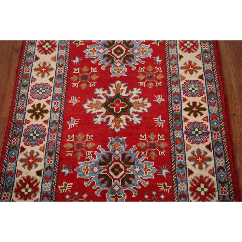 Geometric Kazak Foyer Rug Hand-Knotted Red Wool Carpet - 2'8" x 3'11"