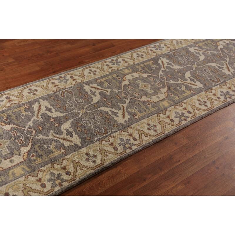 Gray & Ivory Oushak Indian Runner Rug Hand-Knotted Wool Carpet - 2'9"x 9'11"