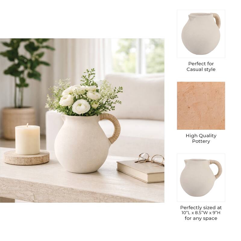 Pottery Vase with Woven Rattan Handle - Tall Flower Vase