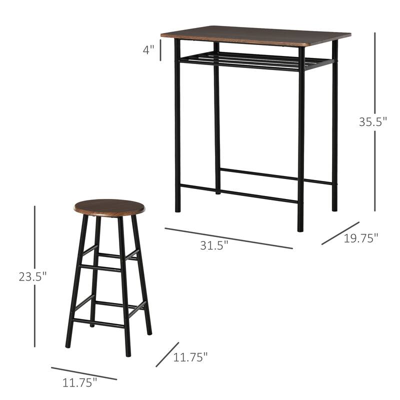 HOMCOM 3 Piece Bar Height Dining Furniture Set with 1 Table, 2 Matching Stools and Metal Frame Footrest
