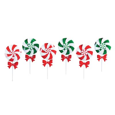 Red Bow Peppermint Wind Spinner Garden Stakes - Set of 6 - 6.25 x 18 x 2.5