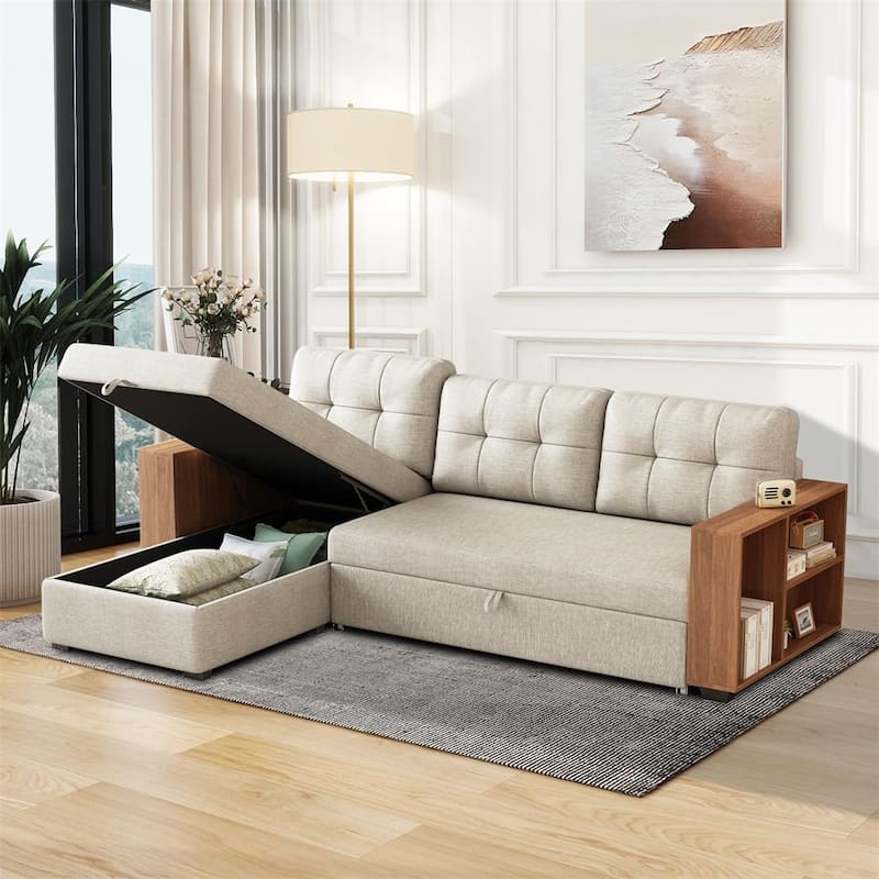 Modern style sectional sofa with storage armrests and hidden storage - Beige