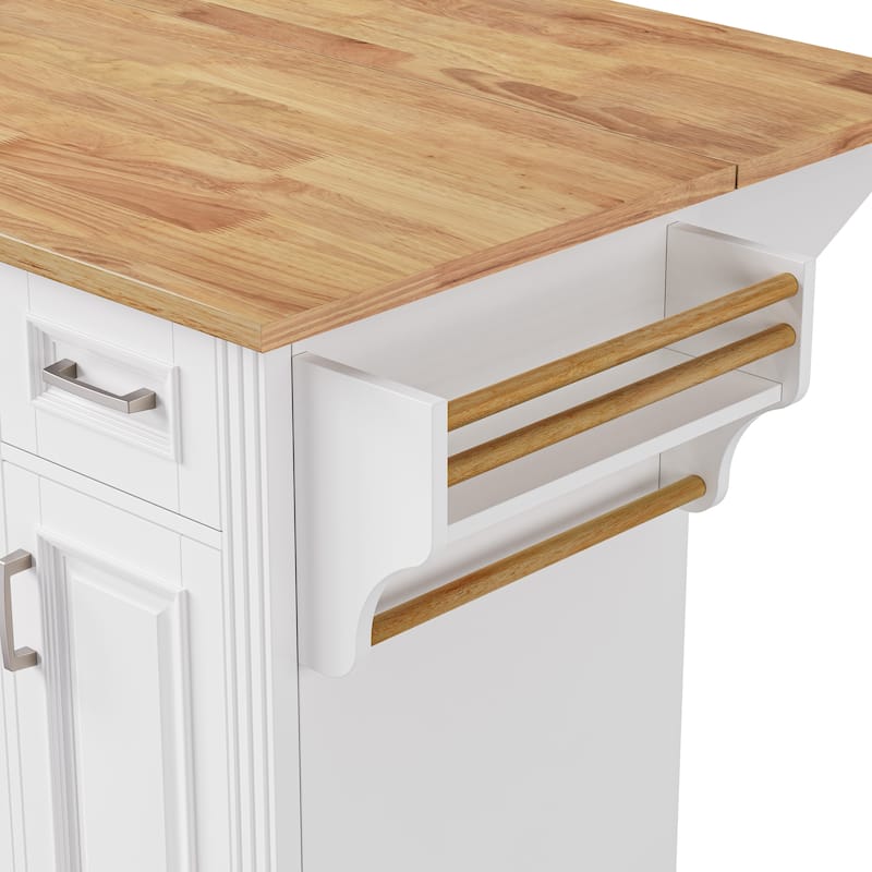 54" Large Rolling Kitchen Island with Rubber Wood Drop Leaf - Embossed Texture Storage Cart with 4 Doors & 3 Drawers for Kitchen