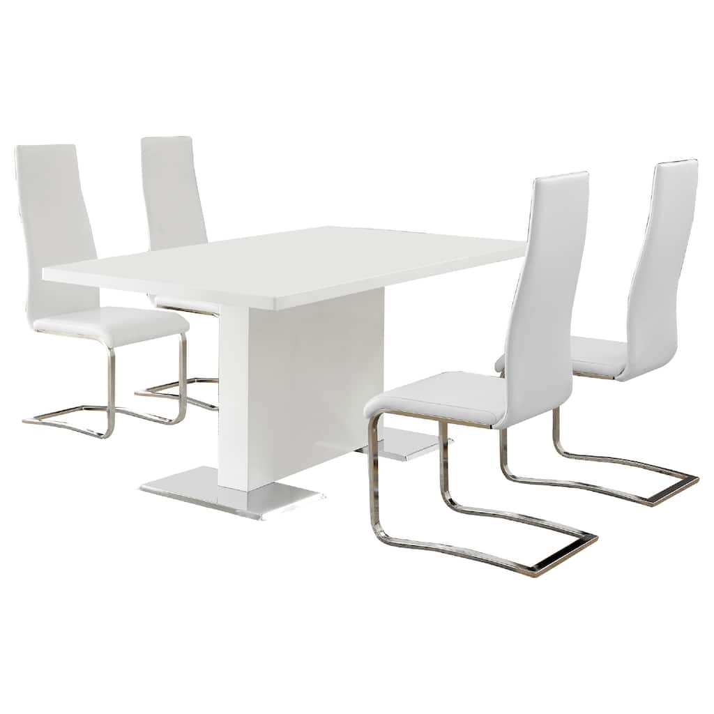 Feni 5pc Dining Table and 4 White Faux Leather Chairs, Gloss