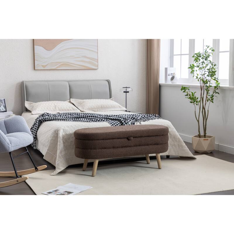 Bedroom Storage Bench, Velvet Oval Upholstered End of Bed Bench with Wood Legs, Modern Storage Ottoman Bench for Entryway