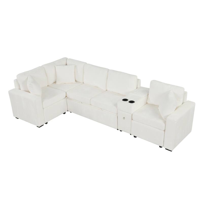 Chenille Pull Out Sectional Convertible Sleeper Sofa Modular Sectional Sofa with Pillow and 2 Cup Holders for Living Room