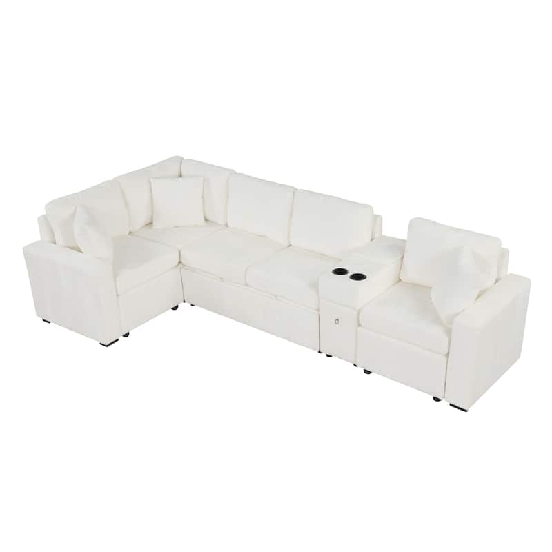 L-Shaped Modular Sectional Sofa with Pull-Out Bed, Chenille Convertible Sleeper Sofa Bed with Cup Holders & Multiple Storage