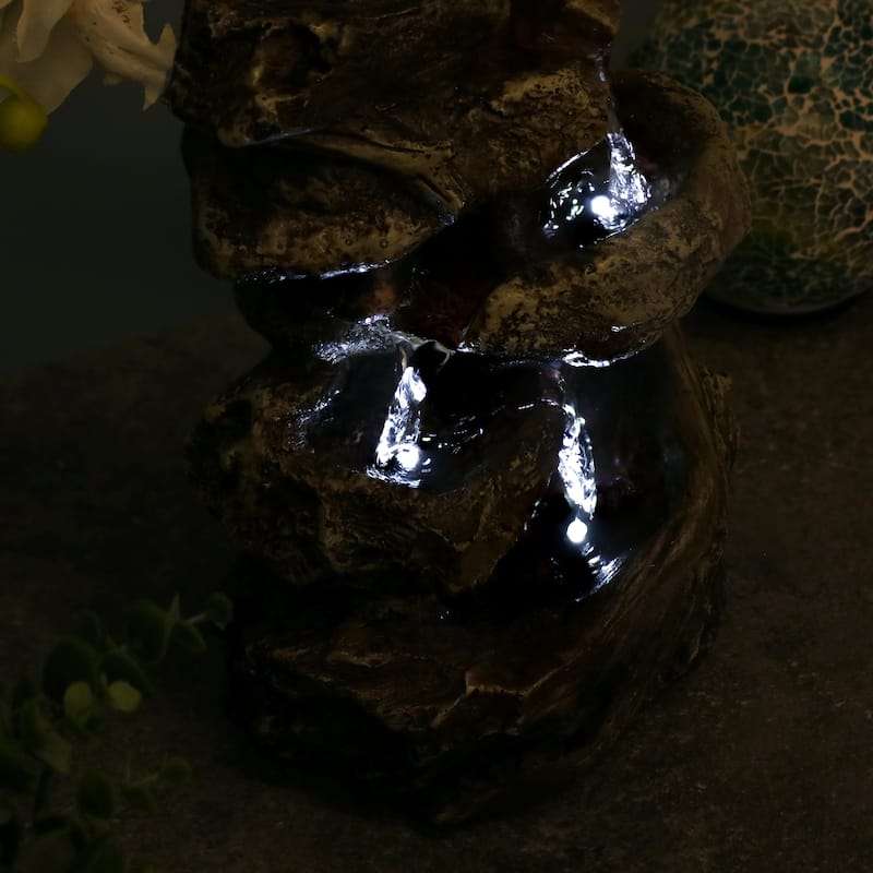 Sunnydaze Tiered Rock and Log Tabletop Fountain with LED Lights - 10.5-Inch