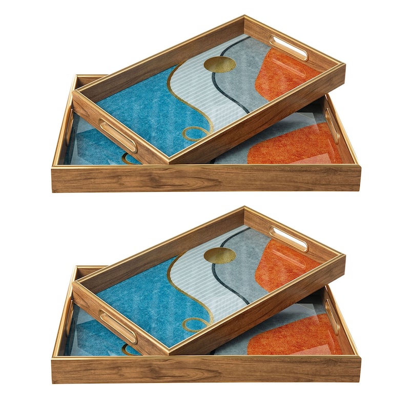 Glitzhome Set of 2 Rectangle Wooden & Plastic Decorative Fall Serving Trays with Handles - 4PC Abstract Pattern