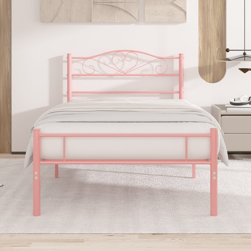 VECELO Victoria Metal Platform Bed Frames with Heart Pattern Headboard 12.6" Underbed Space No Box Spring Required