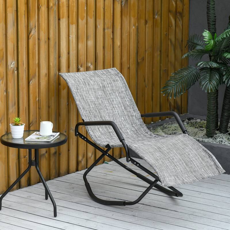 Foldable Outdoor Rocking Lounge Chair Portable Sun Lounger with Armrests and Breathable Mesh for Beach Patio Poolside - Gray