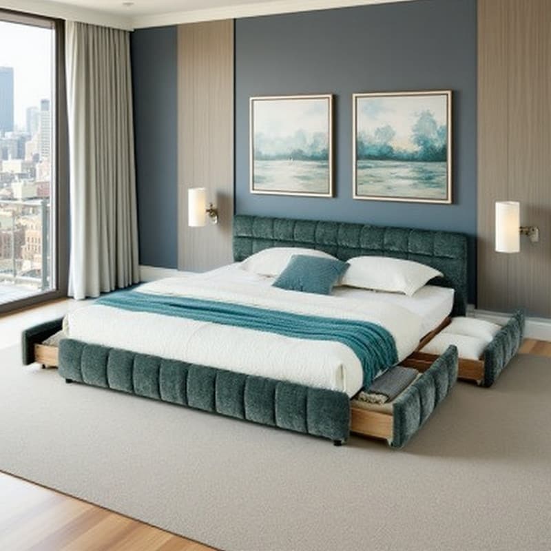 King Upholstered Platform Bed with Storage Drawers, Chenille Fabric Bed Frame with Soft Headboard Design