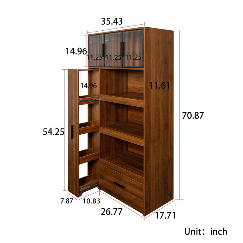 Roomfitters Kitchen Pantry Cabinet with Pull-Out Storage Shelf, Microwave Stand and Drawer, Freestanding Food Hutch, Walnut