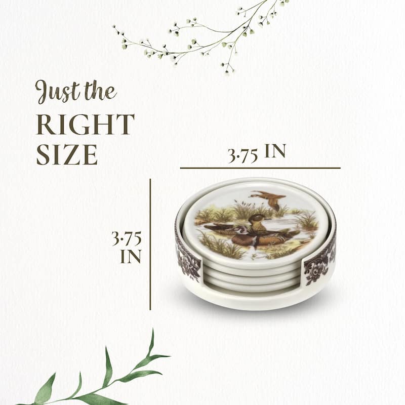 Spode Woodland Set of 4 Ceramic Coasters with Holder - Multicolor - 3.75 Inches