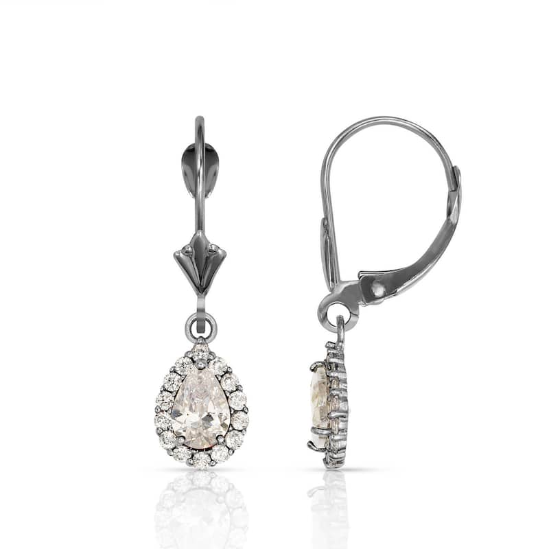 Curata Solid 14k White Gold Birthstone Pear-shaped Cubic Zirconia Halo Dangle Leverback Earrings (6mm x 25mm)