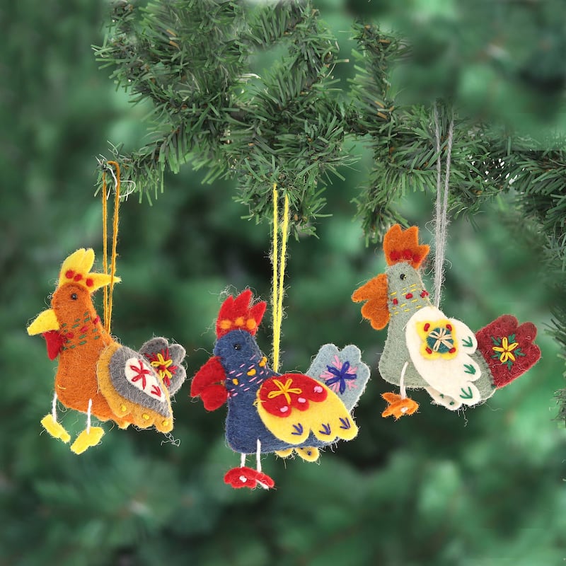 Novica Handmade Three French Hens Felted Wool Ornaments