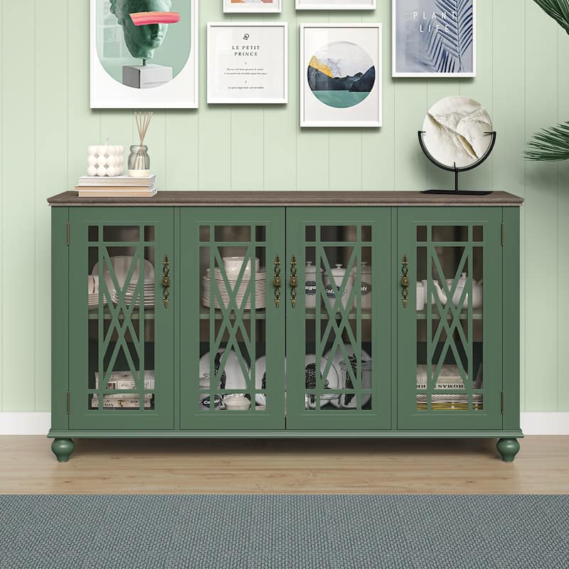 63" Vintage Style Wood Kitchen Accent Buffet Sideboard Cabinet - 63" in Width - Green