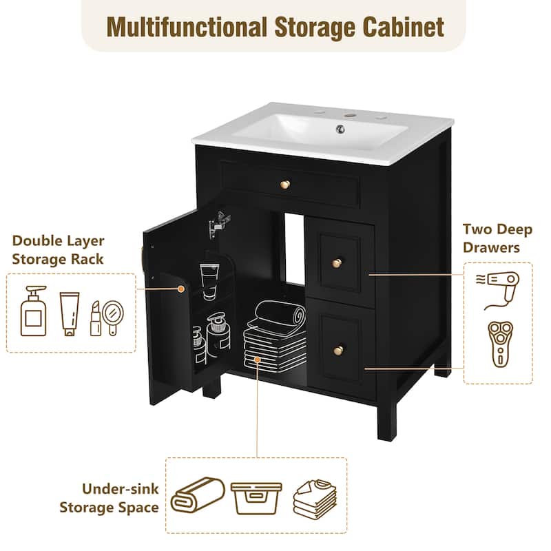 24-Inch Bathroom Vanity with Ceramic Sink, 1 Soft Close Door, 2 Soft Close Drawers, and Double Storage Racks on the Door