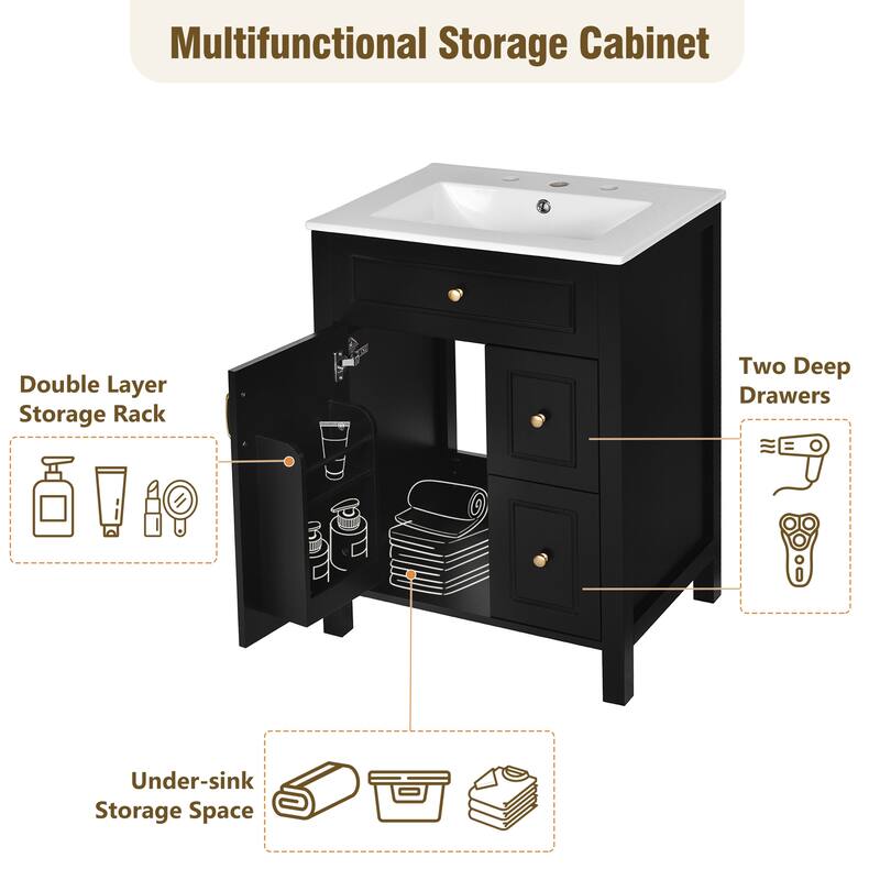 Compact 24" Freestanding Bathroom Cabinet with Ceramic Basin, Soft-Close Hinges, Storage Drawers & Door Racks
