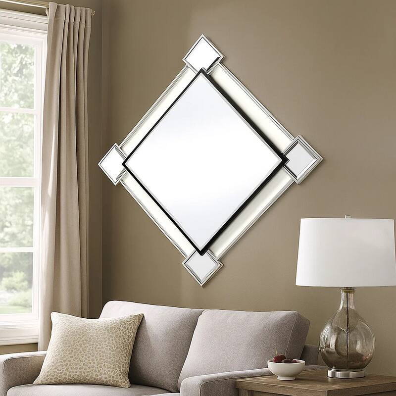 Diamond Shaped Beveled Accent Wall Mirror with Mirror Inserts, Silver
