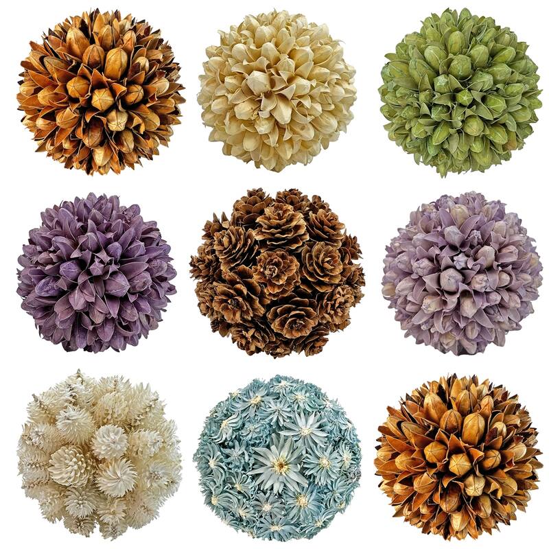 Handmade Preserved Topiary Balls – Set of 9 Decorative Floral Orbs - 4 inch