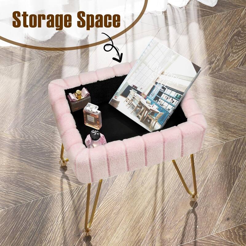 Vanity Stool Chair with Storage, Ottoman Boucle Soft Padded Makeup Footstools Seat 1PCS - 12.2"D x 16"W x 18.9"H