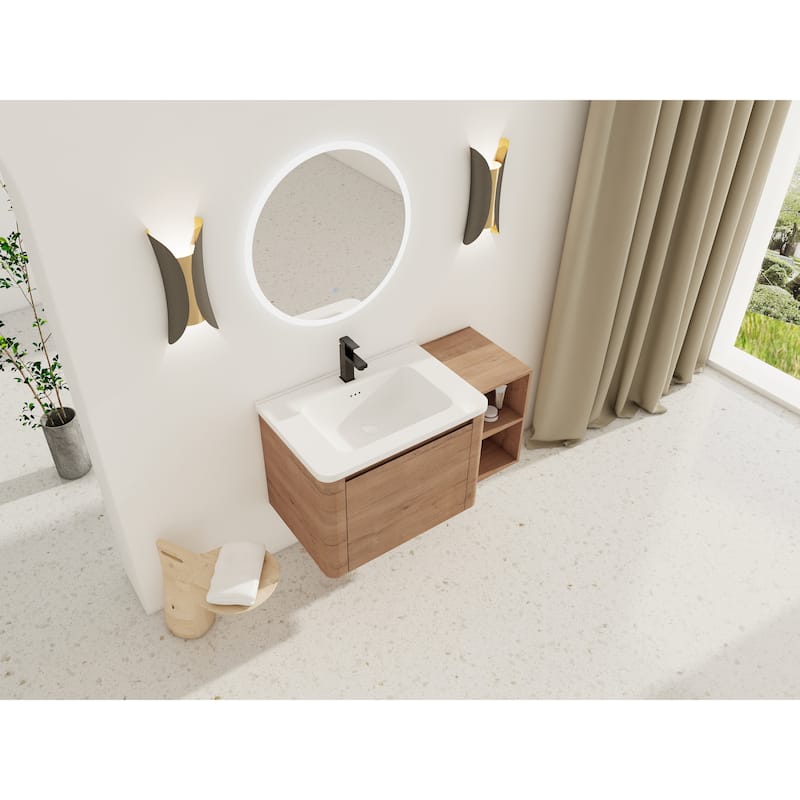 Wall-Mounted Bathroom Vanity with Ceramic Sink and Storage Shelves