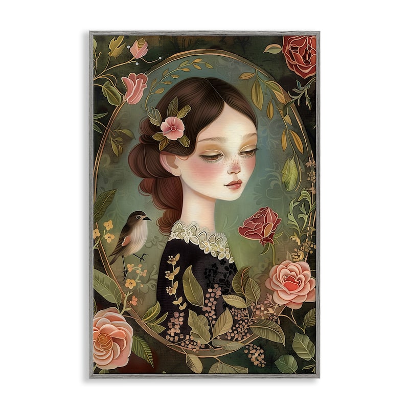 Stupell Vintage Lady & Floral Border Framed Giclee Art Design By The Dutch Lady - 16 x 24 - Grey