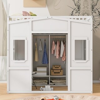 Elegant Design Full Size House Loft Bed with Ladder & Wardrobe
