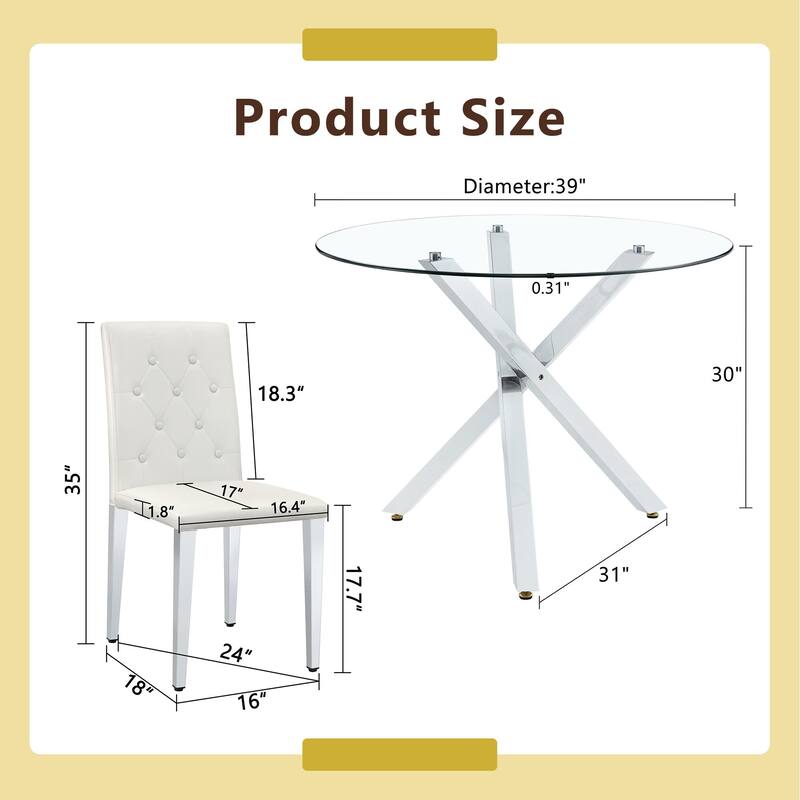 5 Piece Dining Table Set with 39 Inch Round Glass Top X-Shaped Metal Base and 4 PU Chairs