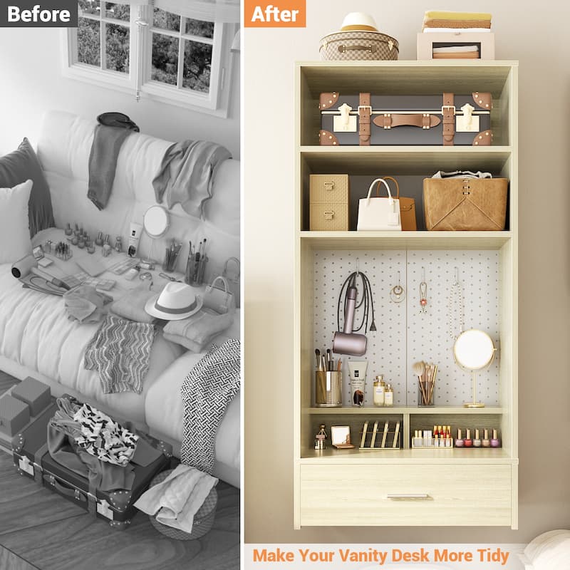25'' W Hanging Closet System with Vanity Desk, Closet Organizer with Wood Drawer and Storage Shelves and Magnetic Pegboard