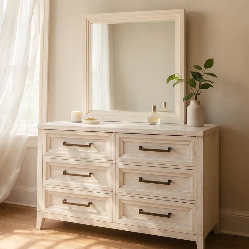 Leva Wide Dresser with Mirror, 6 Drawers, Distressed White Wood Frame